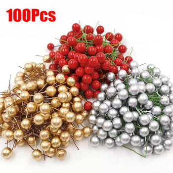 100 adet 10mm Yapay Holly Berry Noel Ağacı Kırmızı Altın Meyveleri Kiraz Sahte Bitkiler DIY Garland Şenlikli Ev Süslemeleri