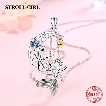 Strollgirl 925 Ayar Gümüş Güzellik Mermaid Kolye Zinciri Mavi Zirkon Ay Yıldız Kolye Kadınlar için Moda 2020 Takı Hediye