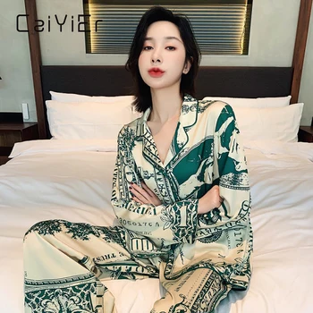 CAIYIER Yeni Kış Kadın Pijama Ipek Saten Lüks Kıyafeti Bayanlar Seksi Iç Çamaşırı Mürekkep Ve Kanat Baskı Pijama Seti Sleepsuits
