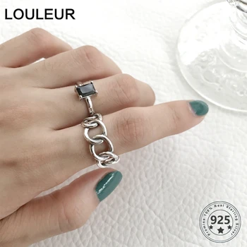 LouLeur Gerçek 925 Ayar Gümüş Zincir Yüzük Kadın Minimalist Ayarlanabilir Siyah Oniks Yüzükler Kadınlar için Zarif Lüks Güzel Takı